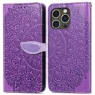 For iPhone 15 Pro Max Blooming Mandala Embossed Wings Buckle Leather Phone Case(purple) - 1