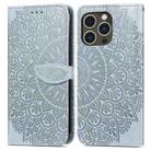 For iPhone 15 Pro Max Blooming Mandala Embossed Wings Buckle Leather Phone Case(Grey) - 1