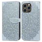 For iPhone 15 Pro Blooming Mandala Embossed Wings Buckle Leather Phone Case(Grey) - 1