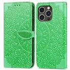 For iPhone 15 Pro Blooming Mandala Embossed Wings Buckle Leather Phone Case(Green) - 1