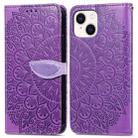 For iPhone 15 Plus Blooming Mandala Embossed Wings Buckle Leather Phone Case(purple) - 1
