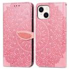 For iPhone 15 Plus Blooming Mandala Embossed Wings Buckle Leather Phone Case(Pink) - 1