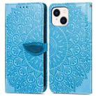 For iPhone 15 Plus Blooming Mandala Embossed Wings Buckle Leather Phone Case(Blue) - 1