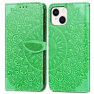 For iPhone 15 Plus Blooming Mandala Embossed Wings Buckle Leather Phone Case(Green) - 1