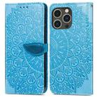 For iPhone 14 Pro Max Blooming Mandala Embossed Wings Buckle Leather Phone Case(Blue) - 1