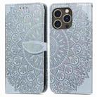 For iPhone 14 Pro Max Blooming Mandala Embossed Wings Buckle Leather Phone Case(Grey) - 1