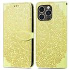 For iPhone 14 Pro Blooming Mandala Embossed Wings Buckle Leather Phone Case(Yellow) - 1