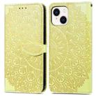 For iPhone 14 Plus Blooming Mandala Embossed Wings Buckle Leather Phone Case(Yellow) - 1