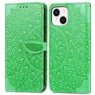 For iPhone 14 Plus Blooming Mandala Embossed Wings Buckle Leather Phone Case(Green) - 1