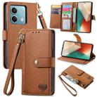 For Xiaomi Redmi Note 13 5G Love Zipper Lanyard Leather Phone Case(Brown) - 1