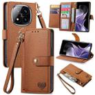 For Xiaomi Redmi Note 14 Pro+ 5G Love Zipper Lanyard Leather Phone Case(Brown) - 1