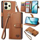 For Redmi Note 14 4G 163.25mm Love Zipper Lanyard Leather Phone Case(Brown) - 1