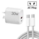 PD30W USB-C / Type-C + QC3.0 USB Charger with 1m Type-C to Type-C Data Cable, AU Plug(White) - 1