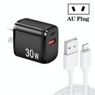 PD30W USB-C / Type-C + QC3.0 USB Charger with 1m USB to 8 Pin Data Cable, AU Plug(Black) - 1