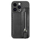 For iPhone 15 Carbon Fiber Horizontal Flip Zipper Wallet Phone Case(Black) - 1