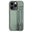 For iPhone 15 Carbon Fiber Horizontal Flip Zipper Wallet Phone Case(Green) - 1