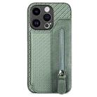 For iPhone 15 Pro Carbon Fiber Horizontal Flip Zipper Wallet Phone Case(Green) - 1