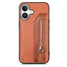 For iPhone 16 Plus Carbon Fiber Horizontal Flip Zipper Wallet Phone Case(Brown) - 1