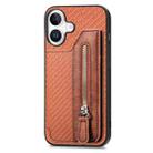 For iPhone 16 Plus Carbon Fiber Horizontal Flip Zipper Wallet Phone Case(Brown) - 2