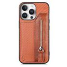 For iPhone 16 Pro Carbon Fiber Horizontal Flip Zipper Wallet Phone Case(Brown) - 1