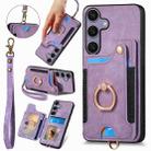 For Samsung Galaxy S25 5G Retro Skin-feel Ring Multi-card Wallet Phone Case(Purple) - 1