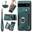 For Google Pixel 6A Retro Skin-feel Ring Multi-card RFID Wallet Phone Case with Lanyard(Green) - 1