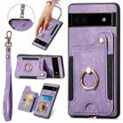 For Google Pixel 6A Retro Skin-feel Ring Multi-card RFID Wallet Phone Case with Lanyard(Purple) - 1