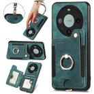 For Huawei Mate 60 Pro Retro Skin-feel Ring Multi-card RFID Wallet Phone Case with Lanyard(Green) - 1