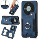 For Huawei Mate 60 Pro Retro Skin-feel Ring Multi-card RFID Wallet Phone Case with Lanyard(Blue) - 1