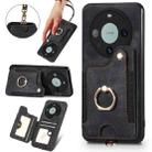 For Huawei Mate 60 Pro Retro Skin-feel Ring Multi-card RFID Wallet Phone Case with Lanyard(Black) - 1