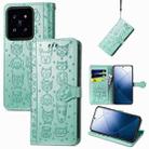 For  Xiaomi 14 Pro Cat and Dog Embossed Leather Phone Case(Green) - 1