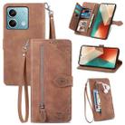 For Xiaomi Redmi Note 13 5G Embossed Flower Zipper Leather Phone Case(Brown) - 1