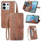 For Xiaomi Redmi Note 13 Pro 5G Embossed Flower Zipper Leather Phone Case(Brown) - 1