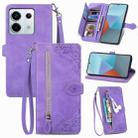 For Xiaomi Redmi Note 13 Pro 5G Embossed Flower Zipper Leather Phone Case(Purple) - 1