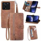 For Xiaomi Redmi K60 Ultra Embossed Flower Zipper Leather Phone Case(Brown) - 1