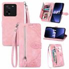 For Xiaomi 13T / 13T Pro Embossed Flower Zipper Leather Phone Case(Pink) - 1