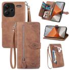 For Xiaomi Redmi Note 13 Pro+ Embossed Flower Zipper Leather Phone Case(Brown) - 1