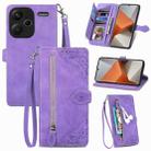 For Xiaomi Redmi Note 13 Pro+ Embossed Flower Zipper Leather Phone Case(Purple) - 1