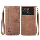 For Xiaomi Redmi K70 Embossed Flower Zipper Leather Phone Case(Brown) - 1