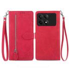 For Xiaomi Redmi K70E Embossed Flower Zipper Leather Phone Case(Red) - 1