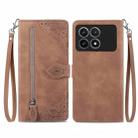 For Xiaomi Redmi K70 Pro Embossed Flower Zipper Leather Phone Case(Brown) - 1