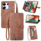 For Xiaomi Redmi Note 13 4G Embossed Flower Zipper Leather Phone Case(Brown) - 1