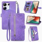 For Xiaomi Redmi Note 13 4G Embossed Flower Zipper Leather Phone Case(Purple) - 1