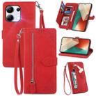 For Xiaomi Redmi Note 13 4G Embossed Flower Zipper Leather Phone Case(Red) - 1