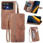 For Xiaomi Poco X6 Pro Embossed Flower Zipper Leather Phone Case(Brown) - 1