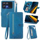 For Xiaomi Poco X6 Pro Embossed Flower Zipper Leather Phone Case(Blue) - 1