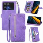 For Xiaomi Poco X6 Pro Embossed Flower Zipper Leather Phone Case(Purple) - 1