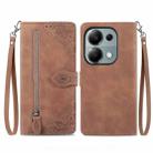 For Xiaomi Poco M6 Pro 4G Embossed Flower Zipper Leather Phone Case(Brown) - 1