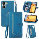 For Xiaomi Poco C65 Embossed Flower Zipper Leather Phone Case(Blue) - 1