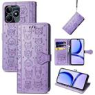 For Realme C53 Cat and Dog Embossed Leather Phone Case(Purple) - 1